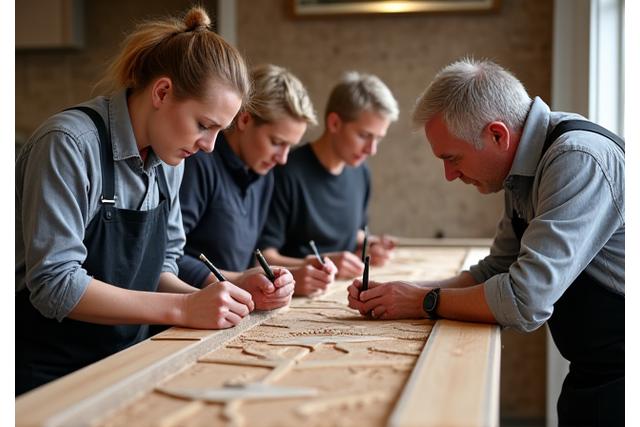 Artisans travaillant ensemble sur un projet de meuble en bois et pierre dans l'atelier.