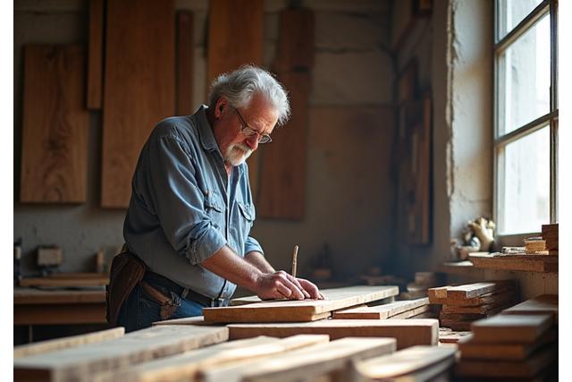 Marc Dubois travaillant le bois dans son atelier parisien, entouré de matériaux bruts.