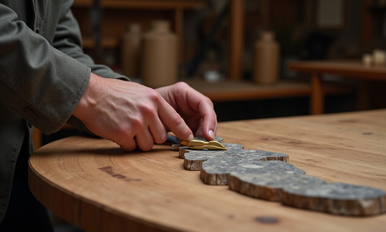 Artisan travaillant le bois et la pierre, créant une œuvre d'art