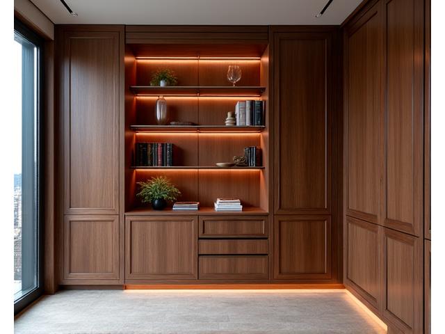 Intérieur bibliothèque ou dressing sur mesure en bois luxueux.