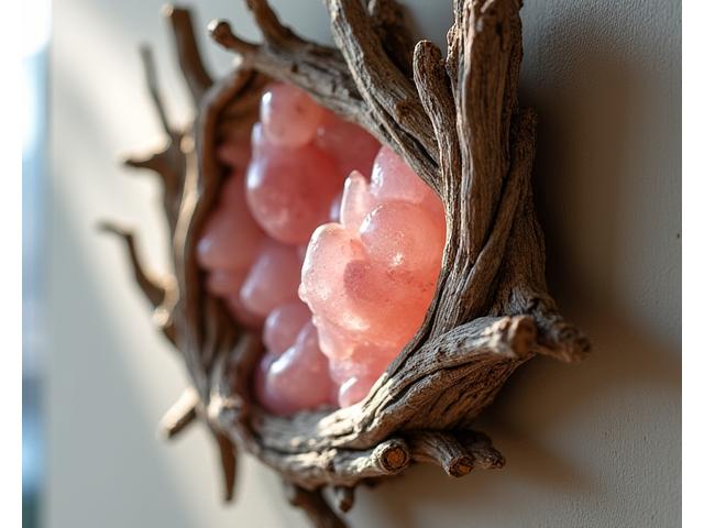 Sculpture murale abstraite en bois flotté et quartz rose
