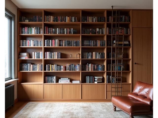 Bibliothèque intégrée sur mesure en chêne avec échelle coulissante