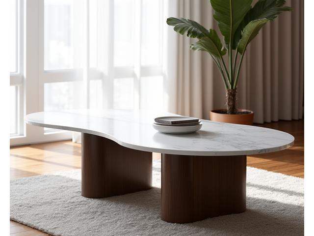 Table basse contemporaine en noyer et marbre