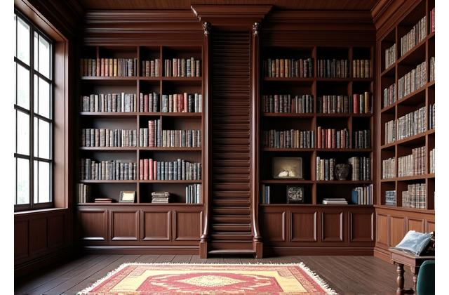 Bibliothèque murale en bois foncé avec échelle