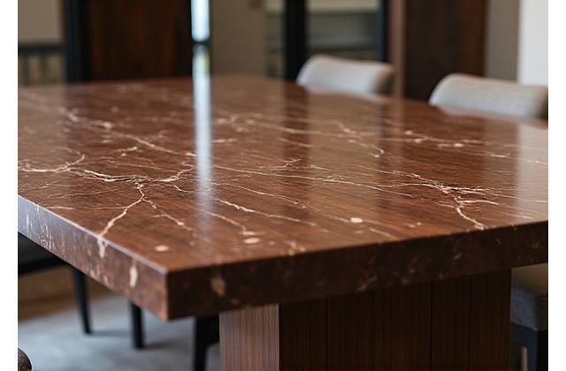 Table en bois massif et incrustations de marbre