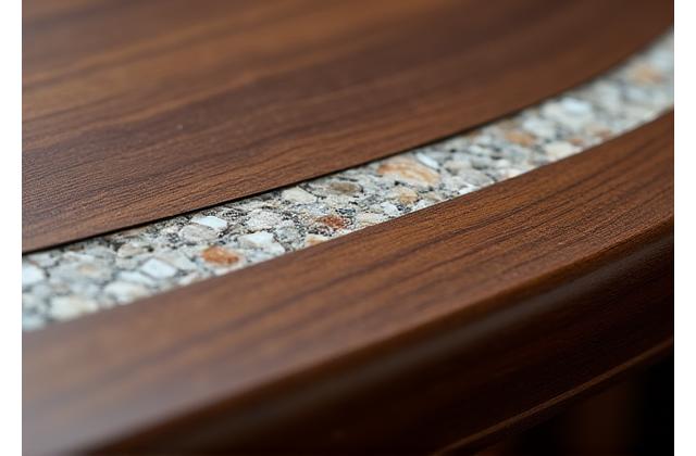 Détail d'une incrustation de pierre dans un plateau de table en bois