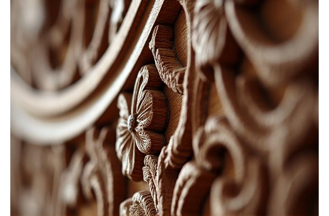 Détail de sculpture en bois représentant des motifs floraux